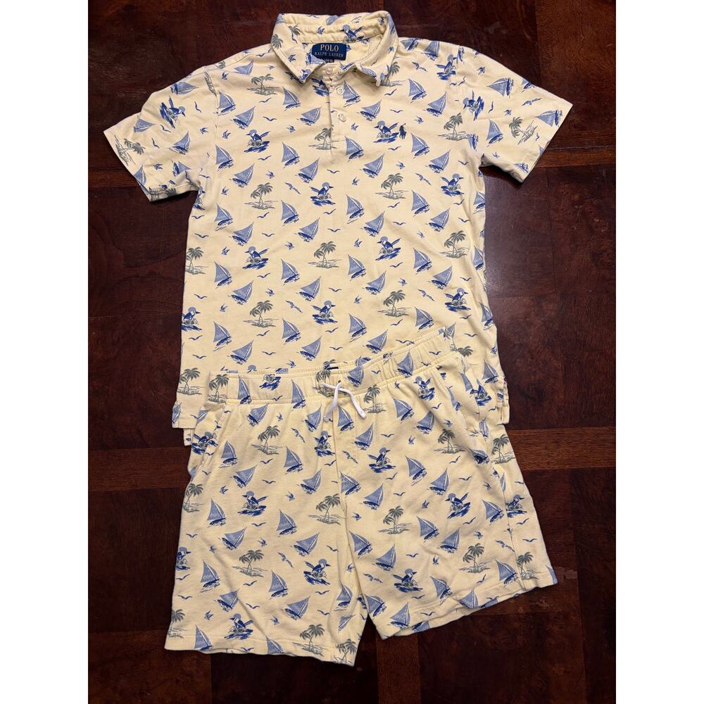 Polo Ralph Lauren Kids Yellow Sailboat Print Polo & Shorts Set L Beach Coastal